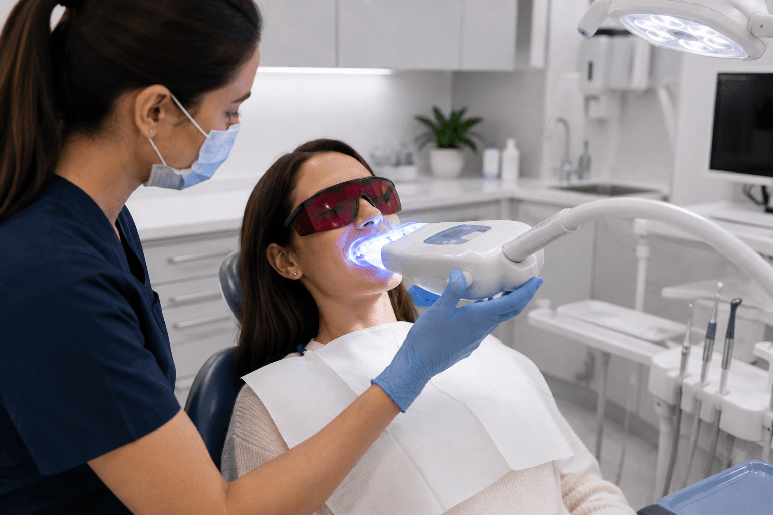 Dentist performing teeth whitening treatment with LED light activation and professional whitening gel application